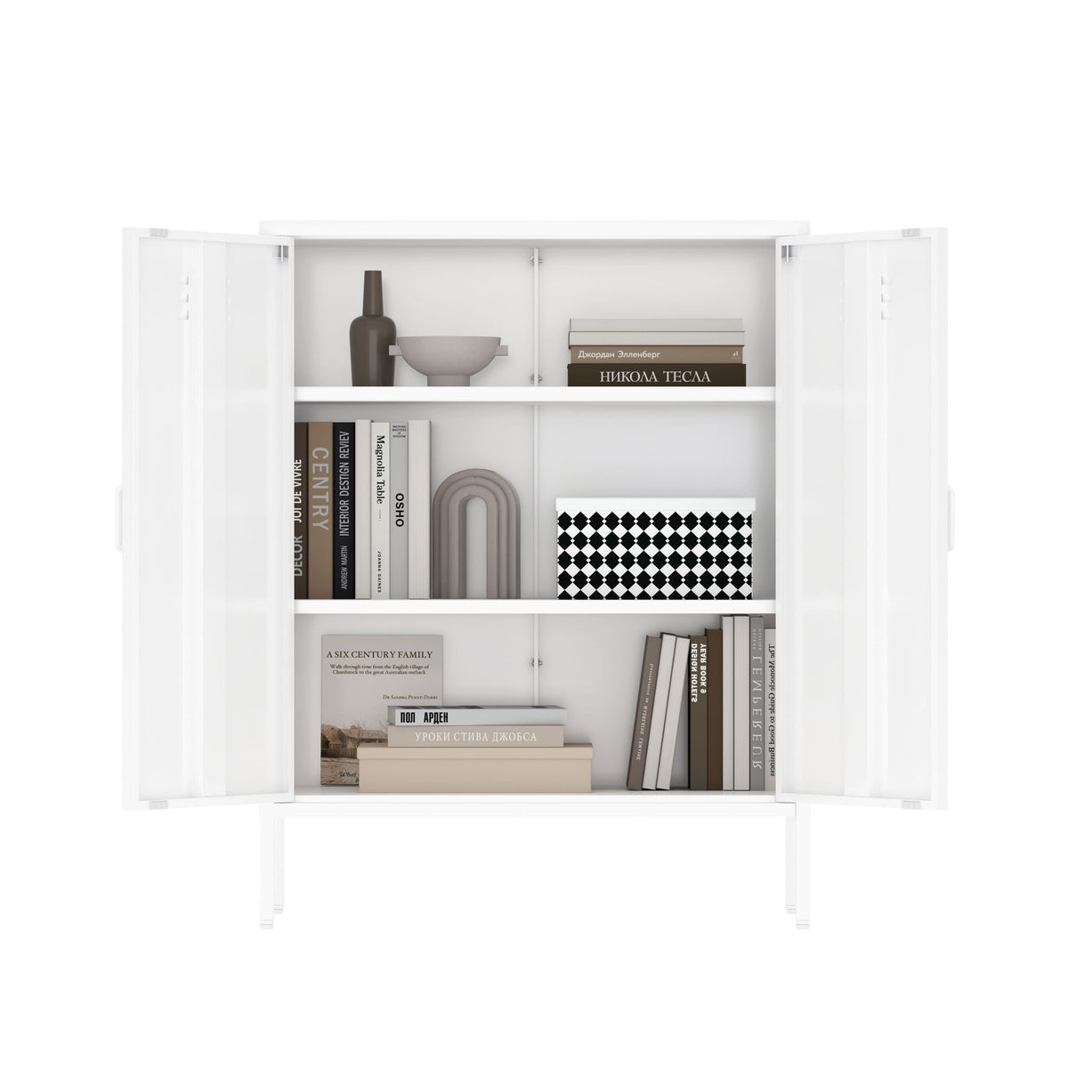 Accent cabinet with adjustable shelves, white finish by HouseOfZazla; doors reveal books on Tampa Home & Garden Store
