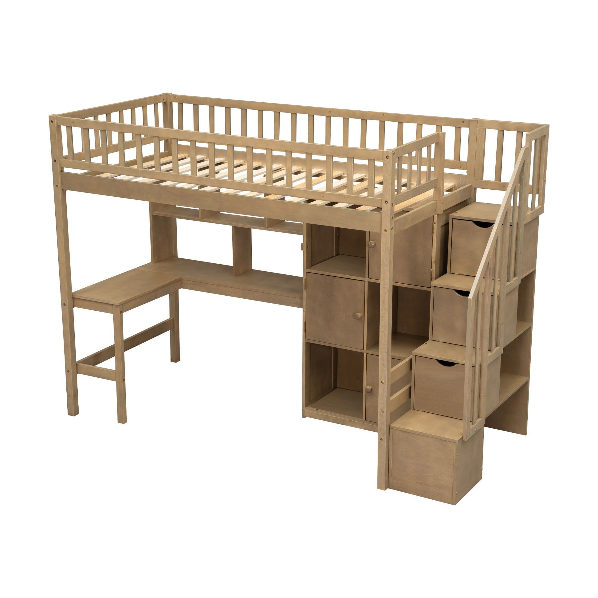 Loft bed with built-in L-shaped desk, stairs, and storage drawers in natural wood on Tampa Home & Garden Store