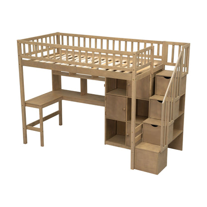 Loft bed with built-in L-shaped desk, stairs, and storage drawers in natural wood on Tampa Home & Garden Store