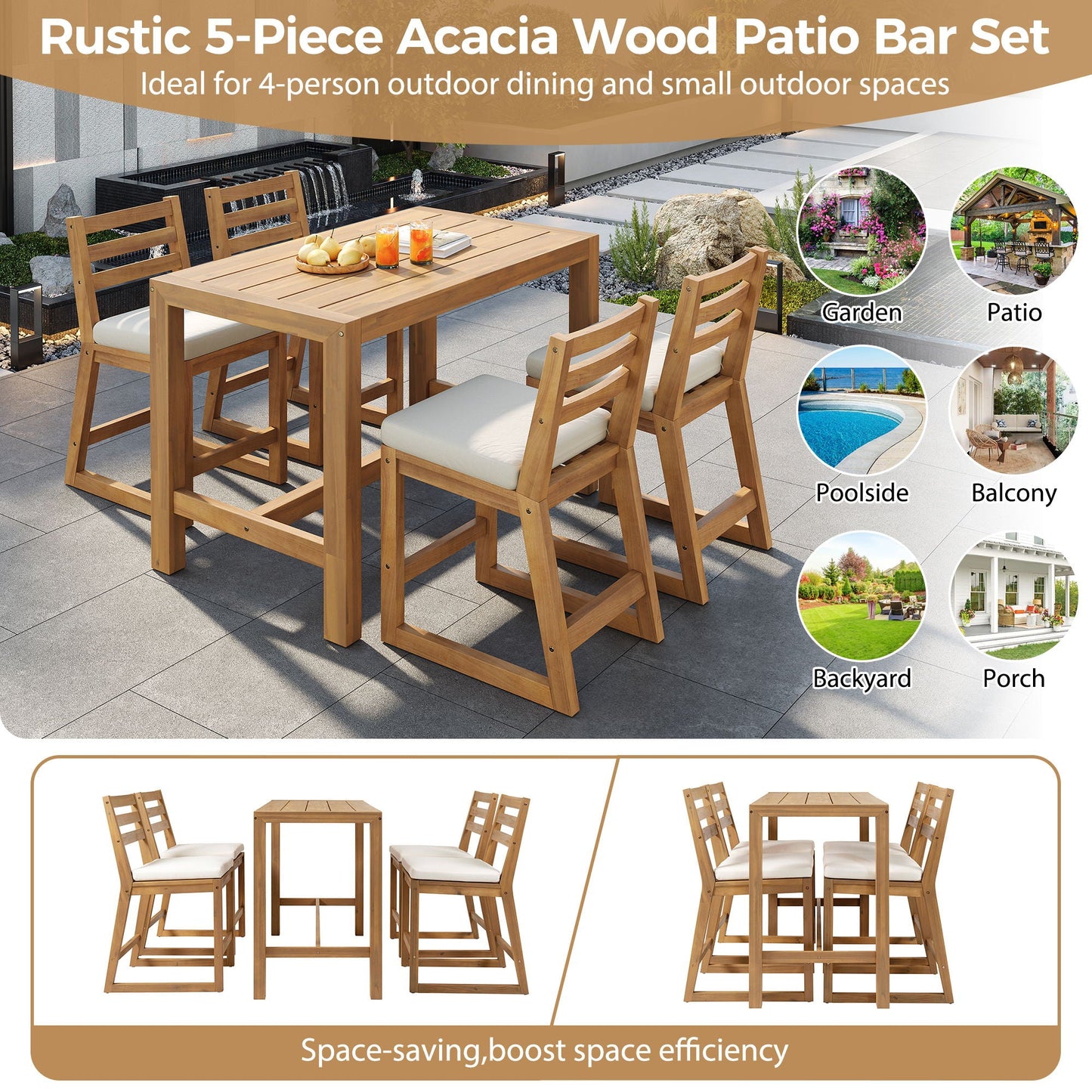 HouseOfZazla Patio Bar Set with Ergonomic Chairs in natural acacia wood, 5-piece outdoor set on Tampa Home & Garden Store