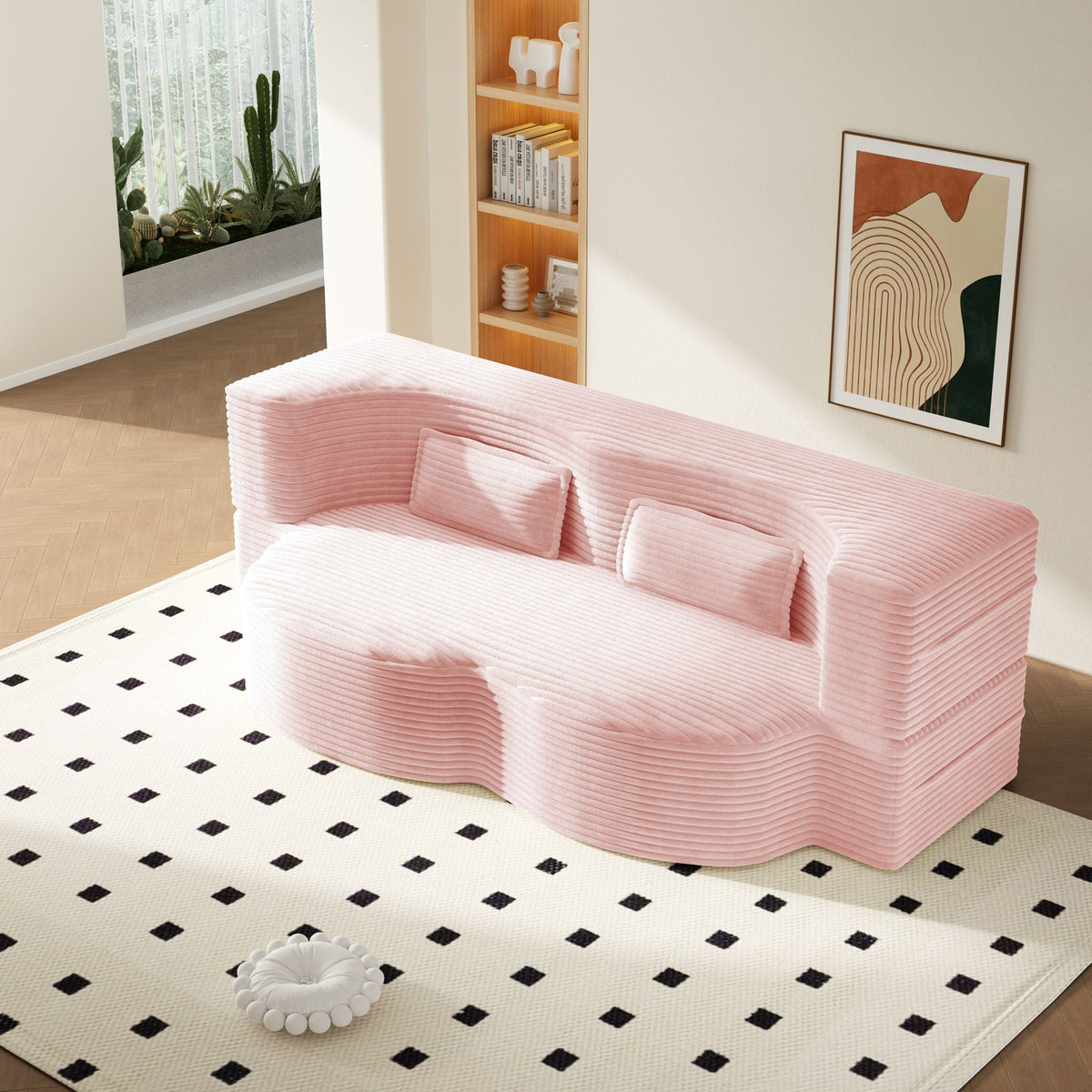 HouseOfZazla pink futon sofa with 2 pillows, convertible twin-size mattress in living room on Tampa Home & Garden Store