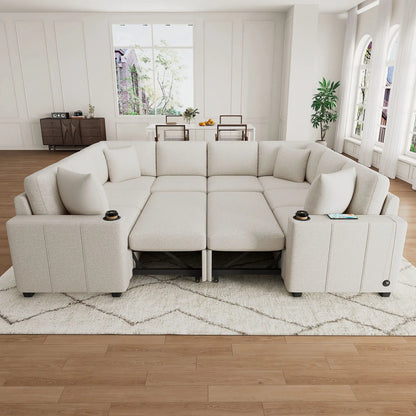 Modern U-shaped beige sectional sofa with USB ports and cup holders; convertible pull-out bed on Tampa Home & Garden Store