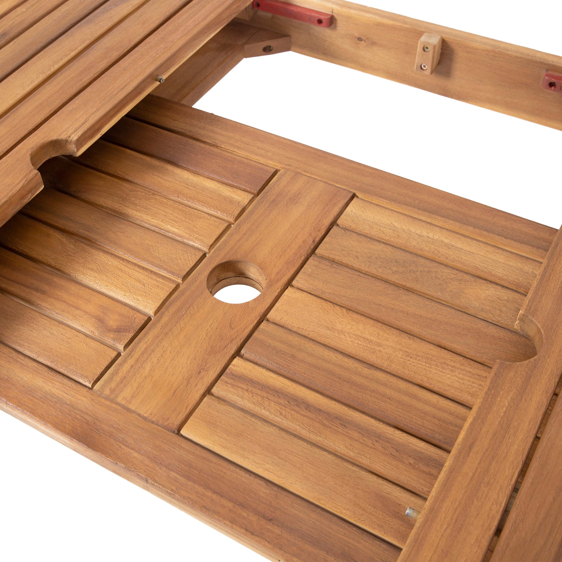Outdoor 7-Piece Rustic Acacia Patio Dining Set with slatted top and umbrella holes on Tampa Home & Garden Store
