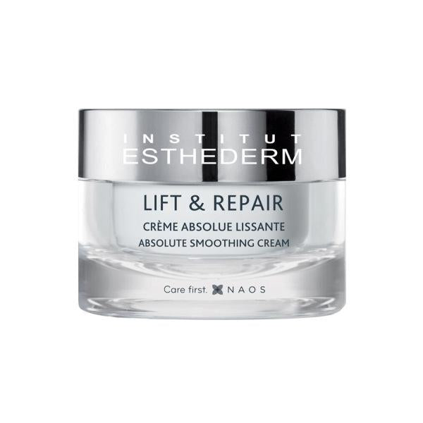 Esthederm Lift & Repair Absolute Smoothing Cream in a clear glass jar with a silver cap on Tampa Home & Garden Store