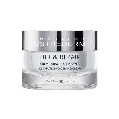 Esthederm Lift & Repair Absolute Smoothing Cream in a clear glass jar with a silver cap on Tampa Home & Garden Store