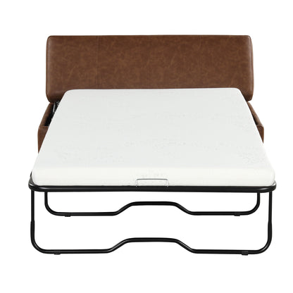Twin size folding ottoman sleeper bed with white mattress and brown faux leather headboard on Tampa Home & Garden Store