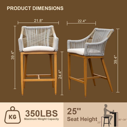 Outdoor Bar Stools set of 2 with arm and backrest, rope-woven gray seats on natural wood legs on Tampa Home & Garden Store