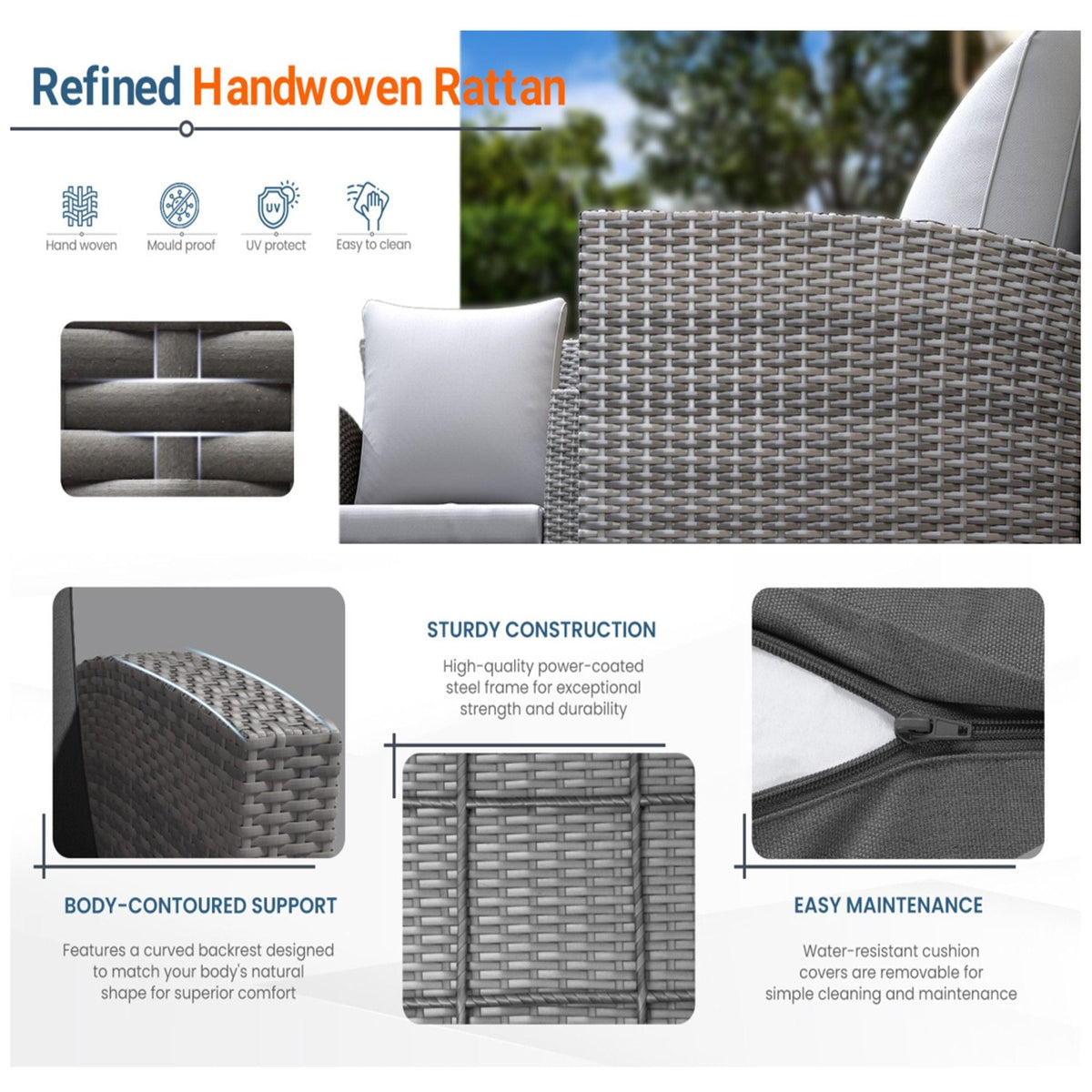 Modern Patio Set with Cushions – 4-Piece Handwoven Grey Rattan Outdoor Set by HouseOfZazla on Tampa Home & Garden Store
