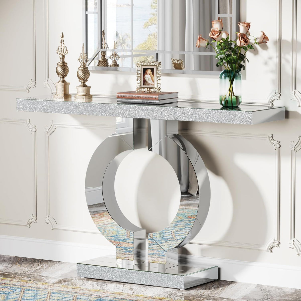 Mirrored console table by HouseOfZazla with O-shaped base and glitter silver top on Tampa Home & Garden Store