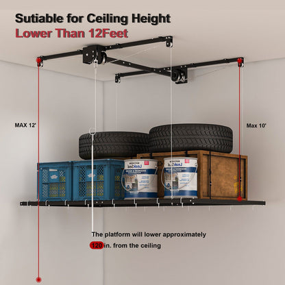 Overhead garage storage rack with crank system in black metal, ceiling-mounted storing tires on Tampa Home & Garden Store