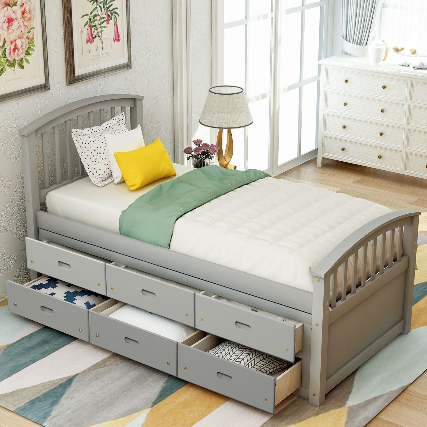 Platform storage bed in gray solid wood with six built-in drawers by HouseOfZazla on Tampa Home & Garden Store