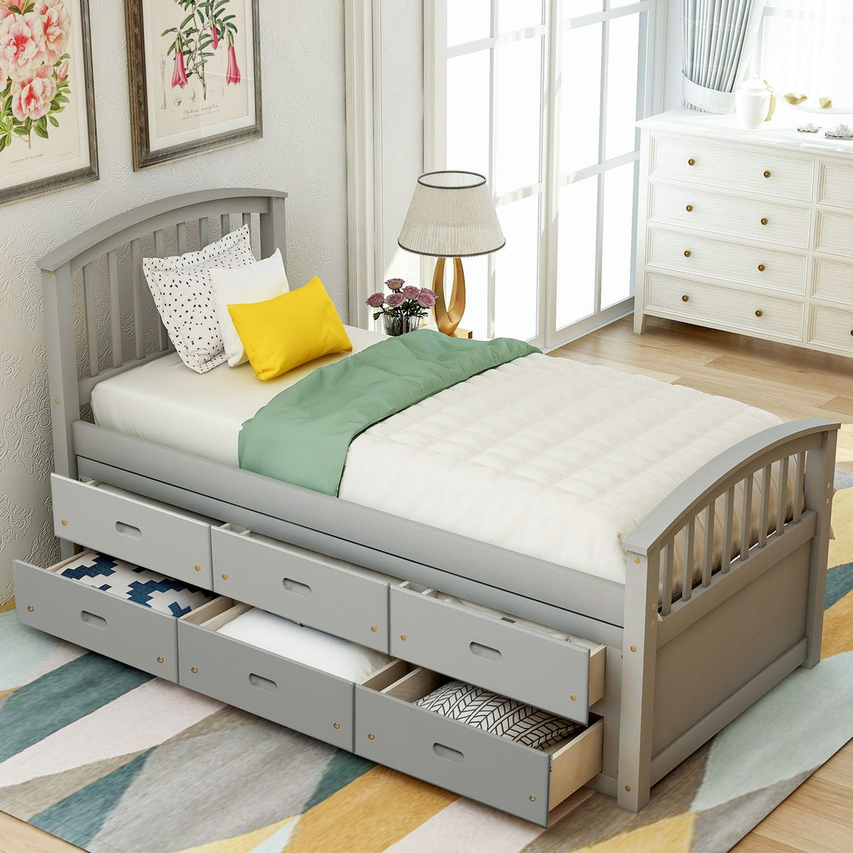 Platform storage bed in gray solid wood with six built-in drawers by HouseOfZazla on Tampa Home & Garden Store