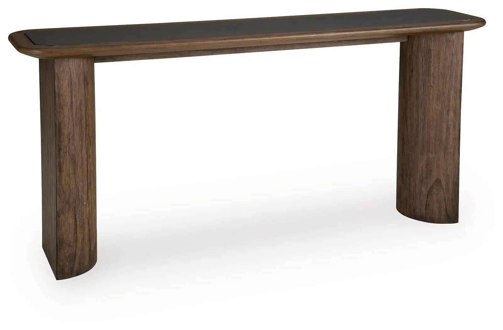 Dontayne sofa table in warm brown wood with a black top insert and thick cylindrical legs on Tampa Home & Garden Store