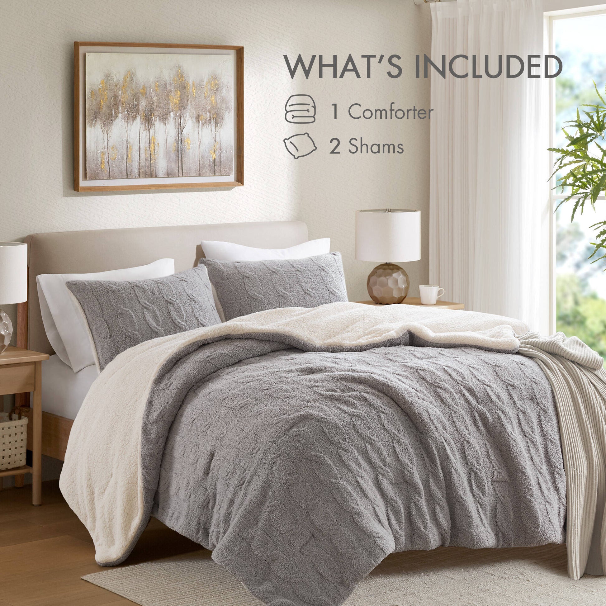 HouseOfZazla gray cable-knit chenille comforter set 3-piece full/queen with 2 shams on Tampa Home & Garden Store