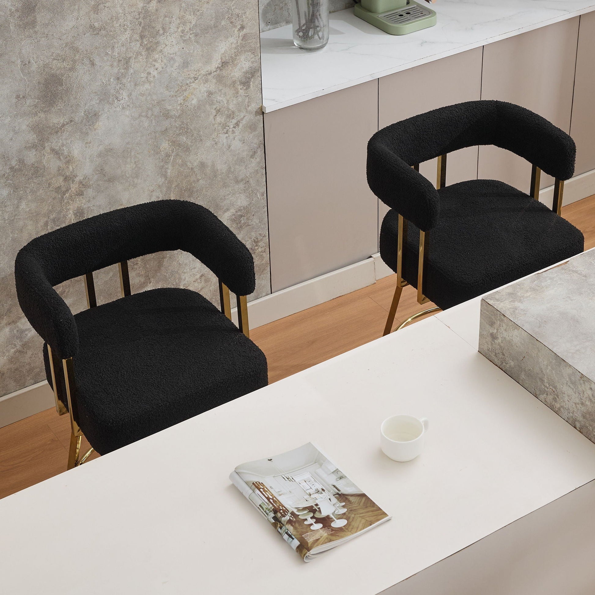 Decorative upholstered side chair set of 2 in black boucle with gold legs HouseOfZazla on Tampa Home & Garden Store