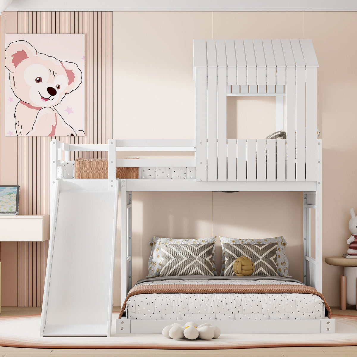 Loft bunk bed with playhouse in white finish; ladder, slide and guardrails by HouseOfZazla on Tampa Home & Garden Store