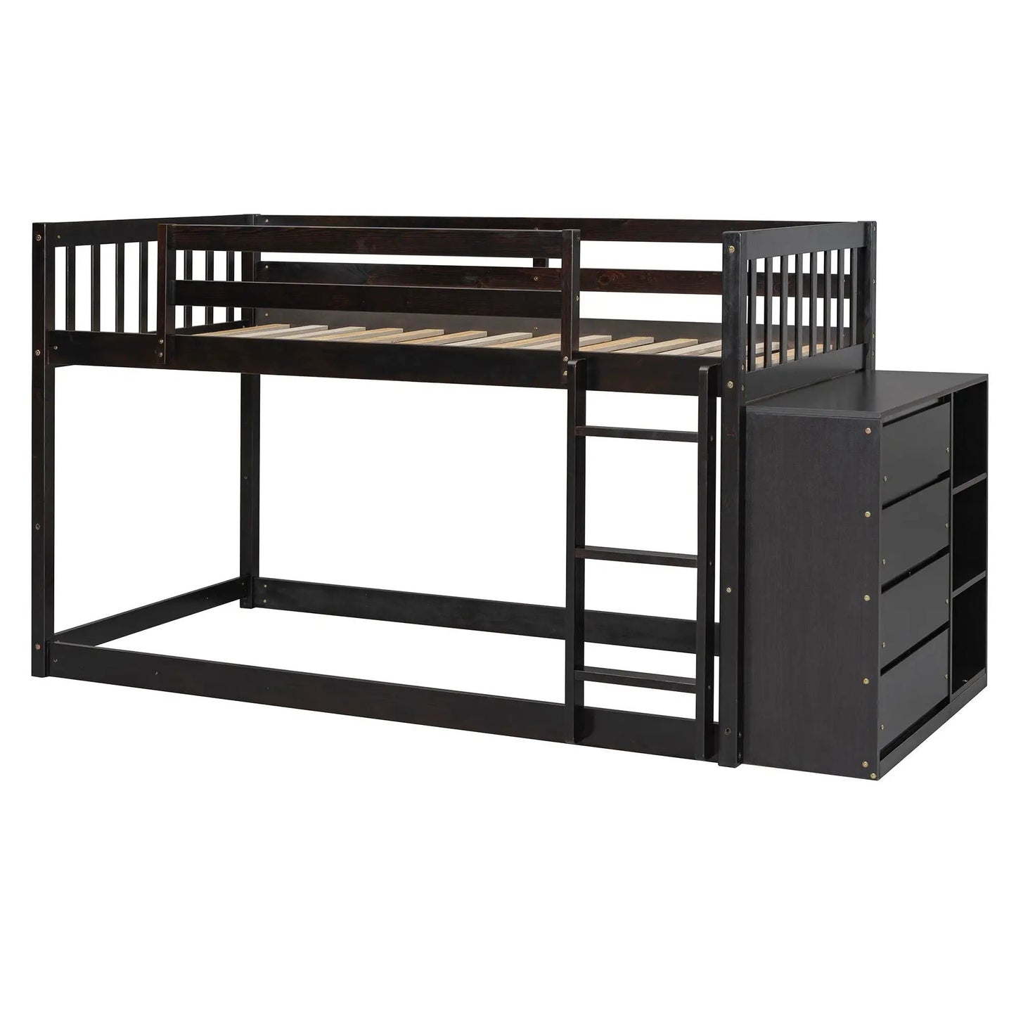 Bunk Bed With Four Drawers and Three Shelves