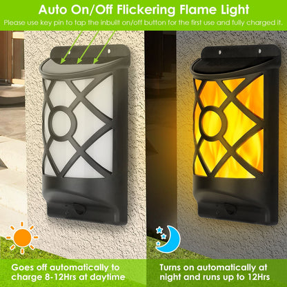 Flame solar wall light by GBruno Store with lattice frame and frosted glass, 96 LEDs, auto on/off flickering flame on Tampa Home & Garden Store