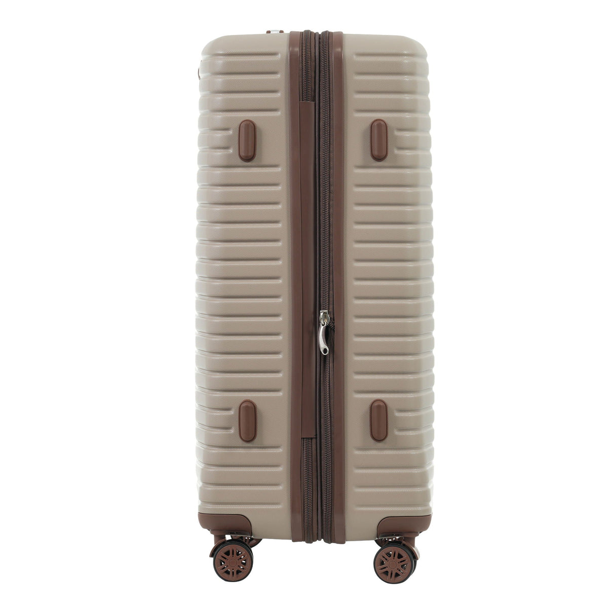 Beige hard-shell suitcase with brown trim and dual zippers on four spinner wheels on Tampa Home & Garden Store