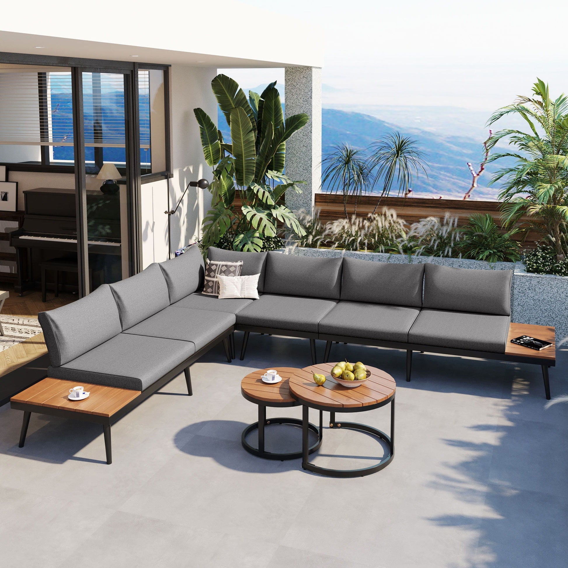 Modern Outdoor Sectional Sofa Set with Nesting Coffee Tables, 6-Piece HouseOfZazla on Tampa Home & Garden Store