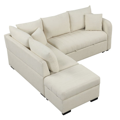 L-Shaped sleeper sectional beige fabric with cushions and movable storage ottoman HouseOfZazla on Tampa Home & Garden Store