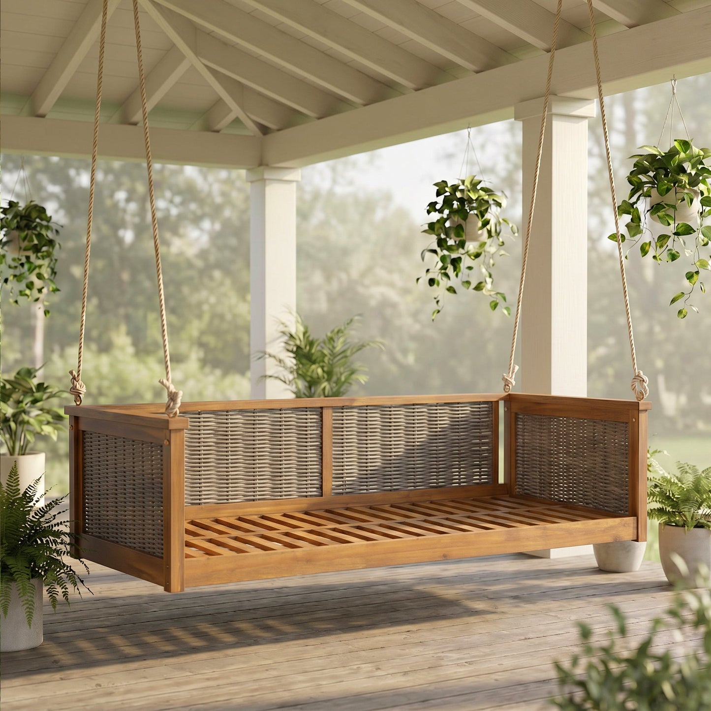 Outdoor Twin Swing Bed With Acacia and Rattan