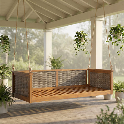 Outdoor Twin Swing Bed With Acacia and Rattan