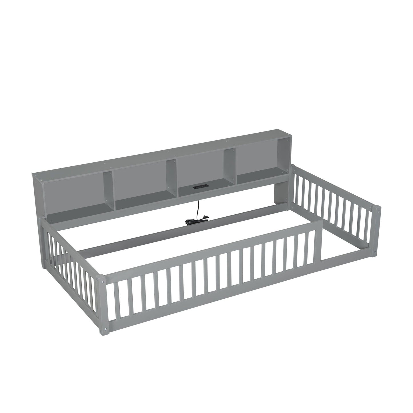 Twin long floor bed with storage cabinets and USB ports in gray, HouseOfZazla platform bed on Tampa Home & Garden Store