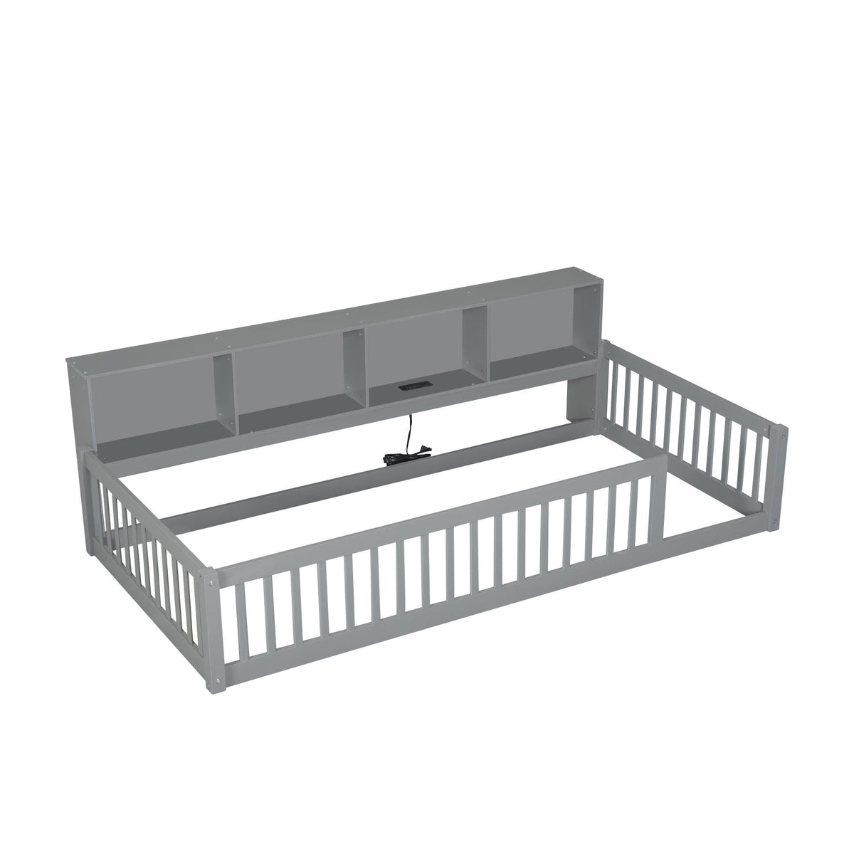 Twin long floor bed with storage cabinets and USB ports in gray, HouseOfZazla platform bed on Tampa Home & Garden Store