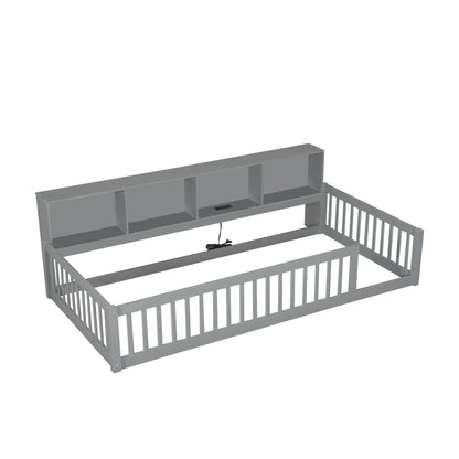 Twin long floor bed with storage cabinets and USB ports in gray, HouseOfZazla platform bed on Tampa Home & Garden Store
