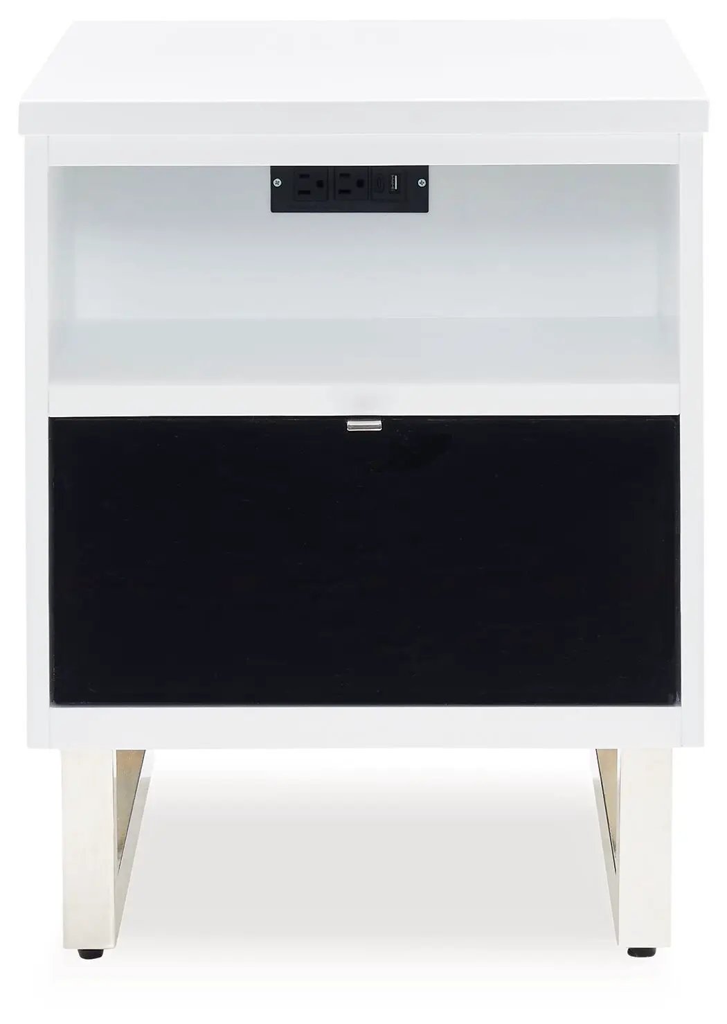 Gardoni chair side end table white with black drawer, open shelf and USB outlets, chrome legs on Tampa Home & Garden Store