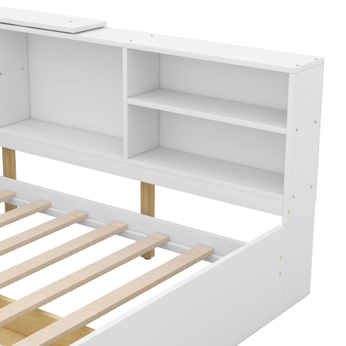 White platform bed storage unit with open shelves on right side on Tampa Home & Garden Store