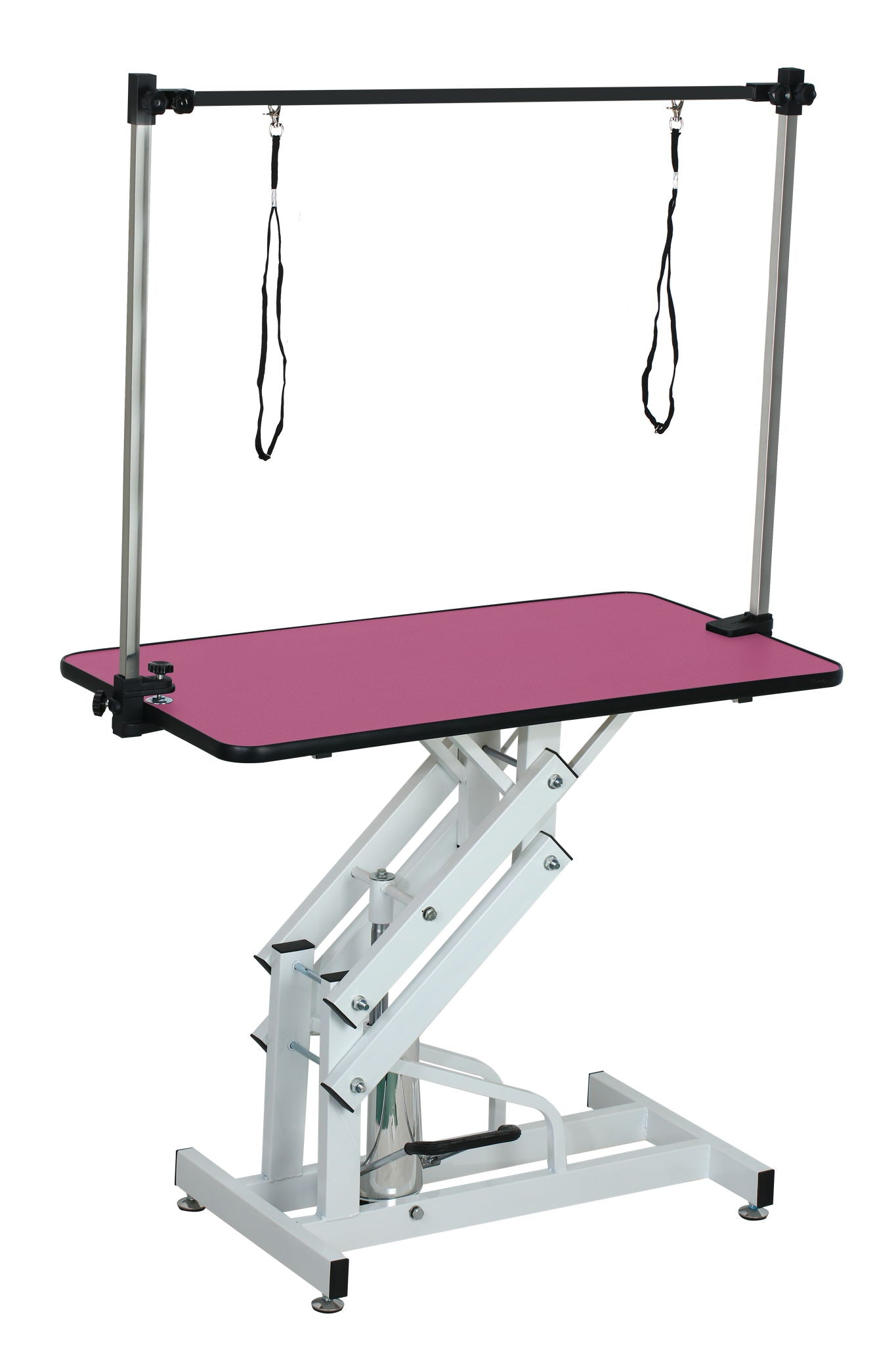 Hydraulic pet grooming table with H-arm and pink non-slip top, scissor-lift base on Tampa Home & Garden Store