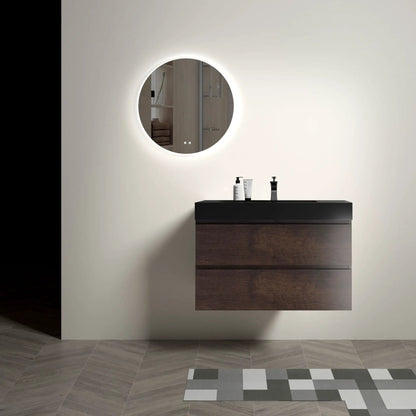 Alice wall-mounted vanity, dark wood cabinet, black countertop, round backlit mirror on Tampa Home & Garden Store