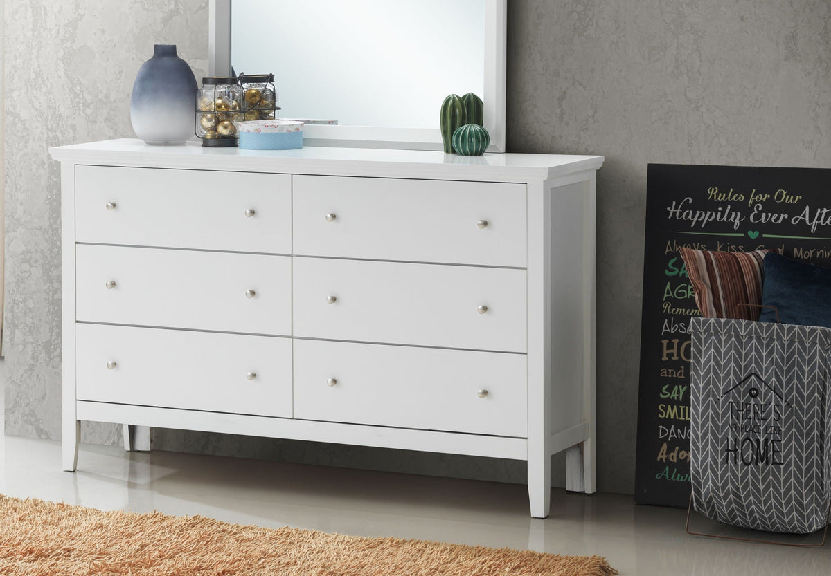 Primo Dresser in white with hardwood frame, silver knob pulls, and a large mirror on top on Tampa Home & Garden Store