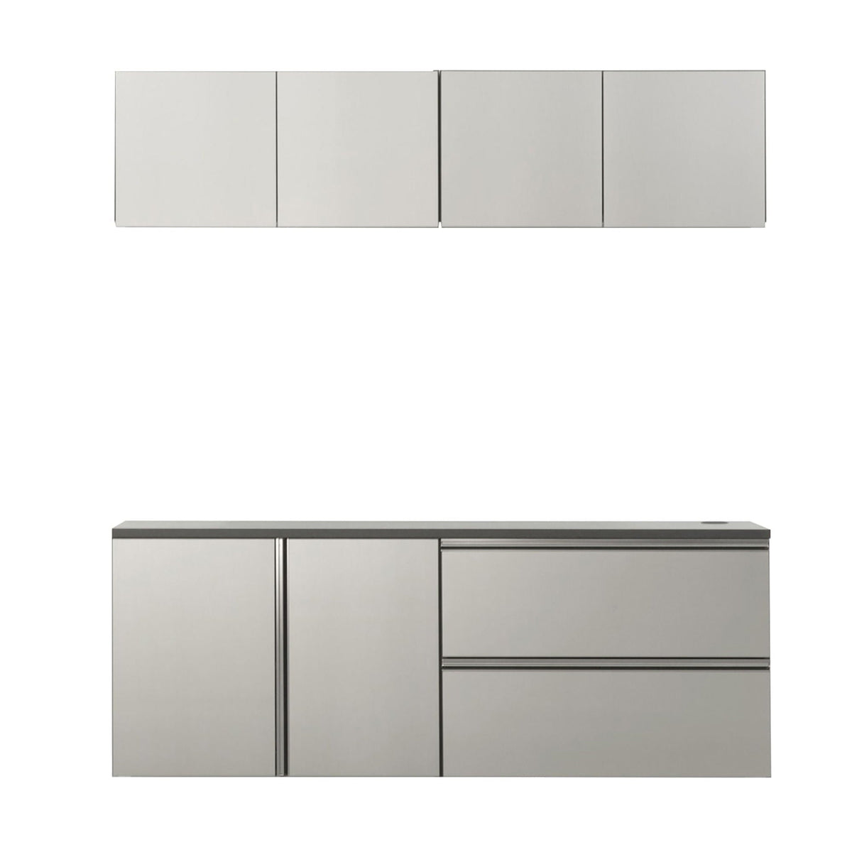 HouseOfZazla metallic gray garage cabinet set with deep storage four-door and drawer stack on Tampa Home & Garden Store