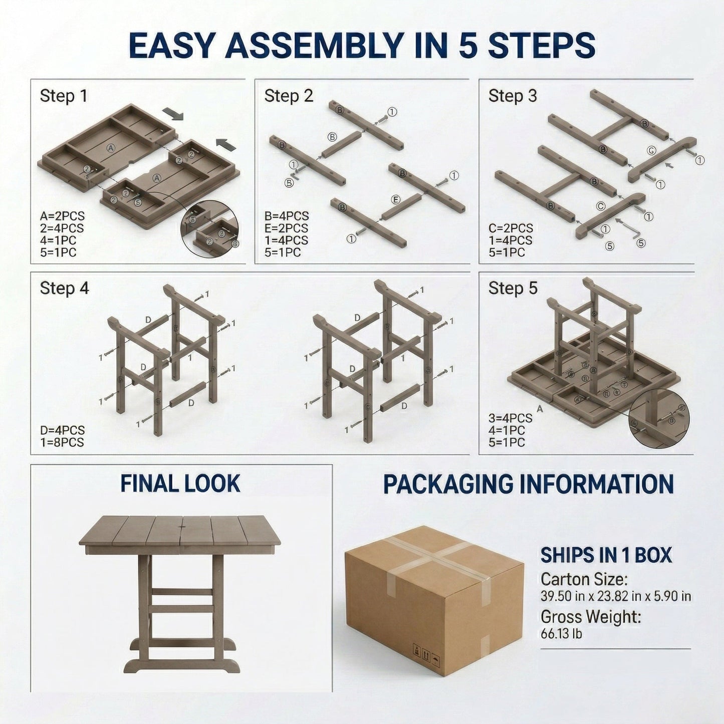 Antique Wood HDPE outdoor patio dining set 37.8 in square table with 2 chairs assembly steps diagram on Tampa Home & Garden Store
