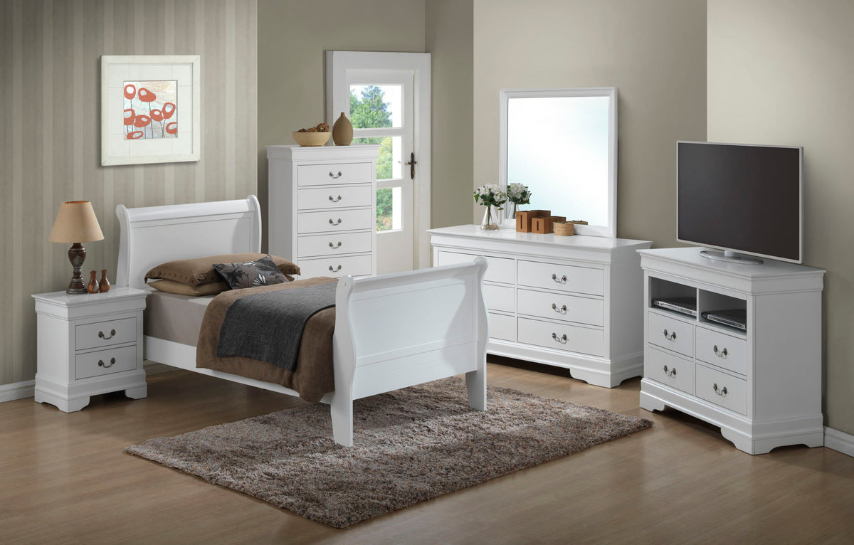 Panel Sleigh Bed in white finish with matching dresser, chest of drawers and nightstands on Tampa Home & Garden Store