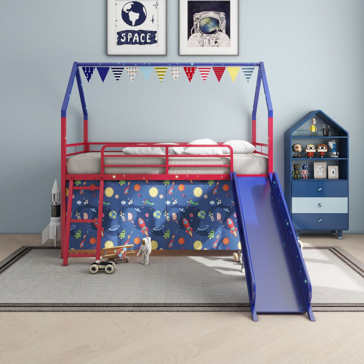 Jack House Loft Bed with Slide red and blue frame space-themed panels and bunting on Tampa Home & Garden Store