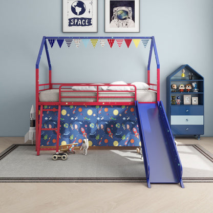 Jack House Loft Bed with Slide red and blue frame space-themed panels and bunting on Tampa Home & Garden Store