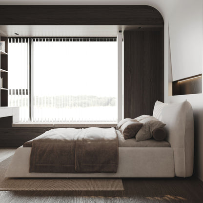 Upholstered platform bed in beige fabric with dark wood frame and curved headboard on Tampa Home & Garden Store