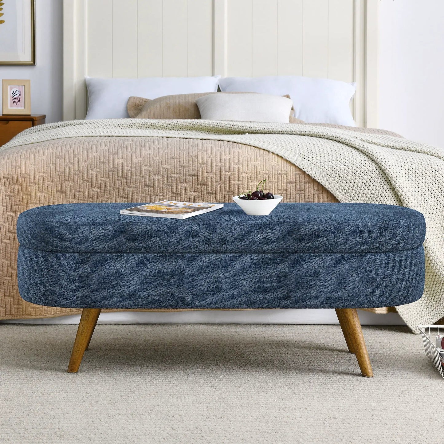 Ottoman Oval Storage Bench With Rubber Wood Legs