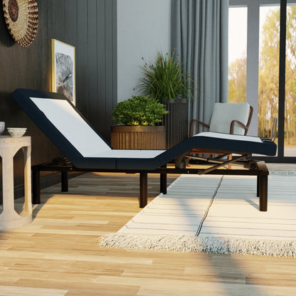 Model 3 twin long adjustable base by HouseOfZazla on two black loungers with white cushions on Tampa Home & Garden Store