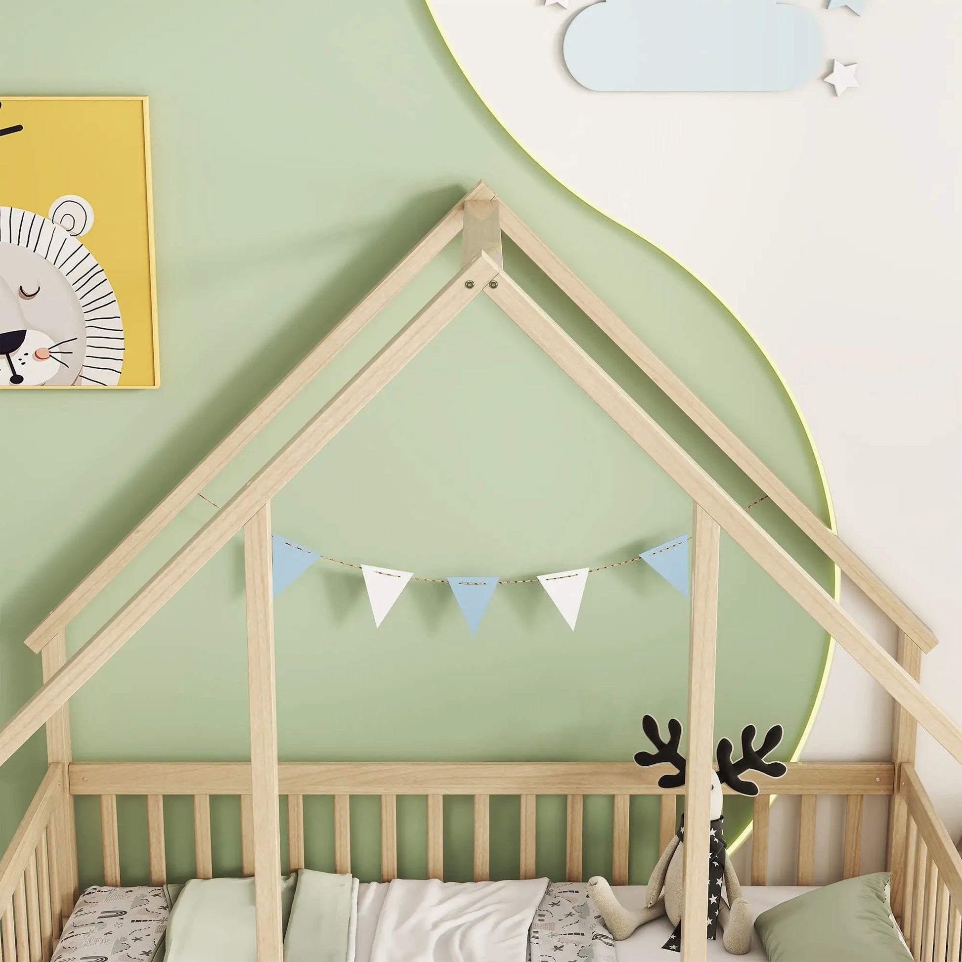 Wood house-shaped toddler bed with fence guardrails in natural wood by Unique Piece Furniture on Tampa Home & Garden Store