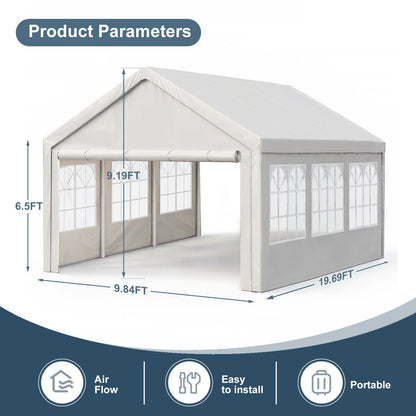 HouseOfZazla 10x20 carport canopy tent with removable sidewalls, white fabric, windowed side panels on Tampa Home & Garden Store