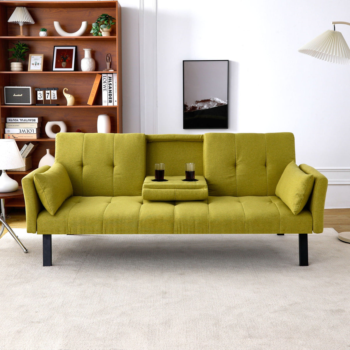 Green Foldable Sofa Bed with a Cup Holder