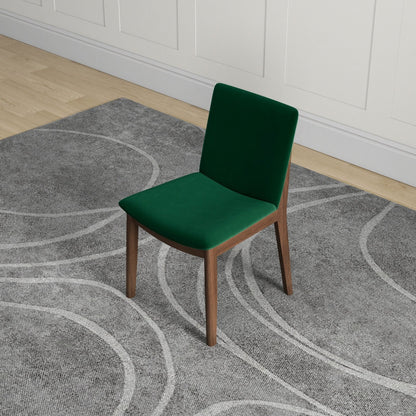 Mid-Century Modern solid wood dining chair set with green fabric upholstery, pair of chairs on Tampa Home & Garden Store
