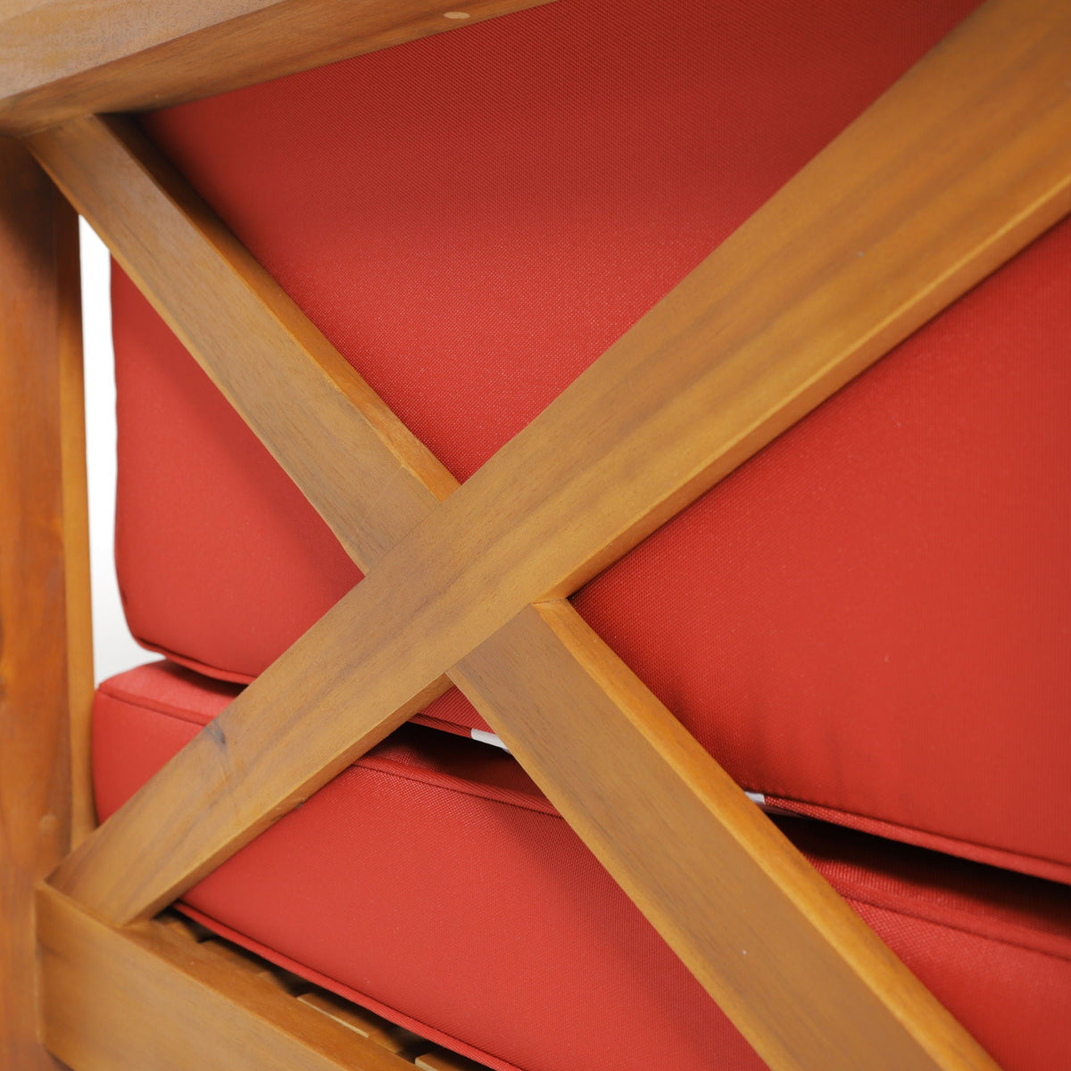 Brava X Back Corner Bench with Coffee Table red cushions wooden frame 2-piece outdoor set on Tampa Home & Garden Store
