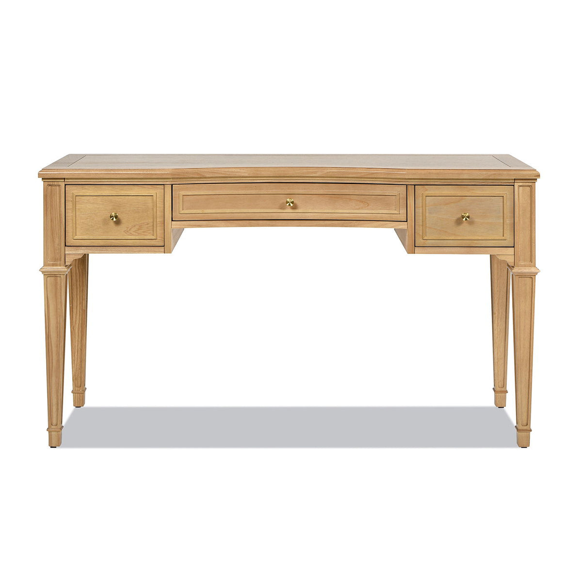 Dauphin 3-Drawer Executive Desk in light wood finish with brass knobs and soft-close drawers on Tampa Home & Garden Store