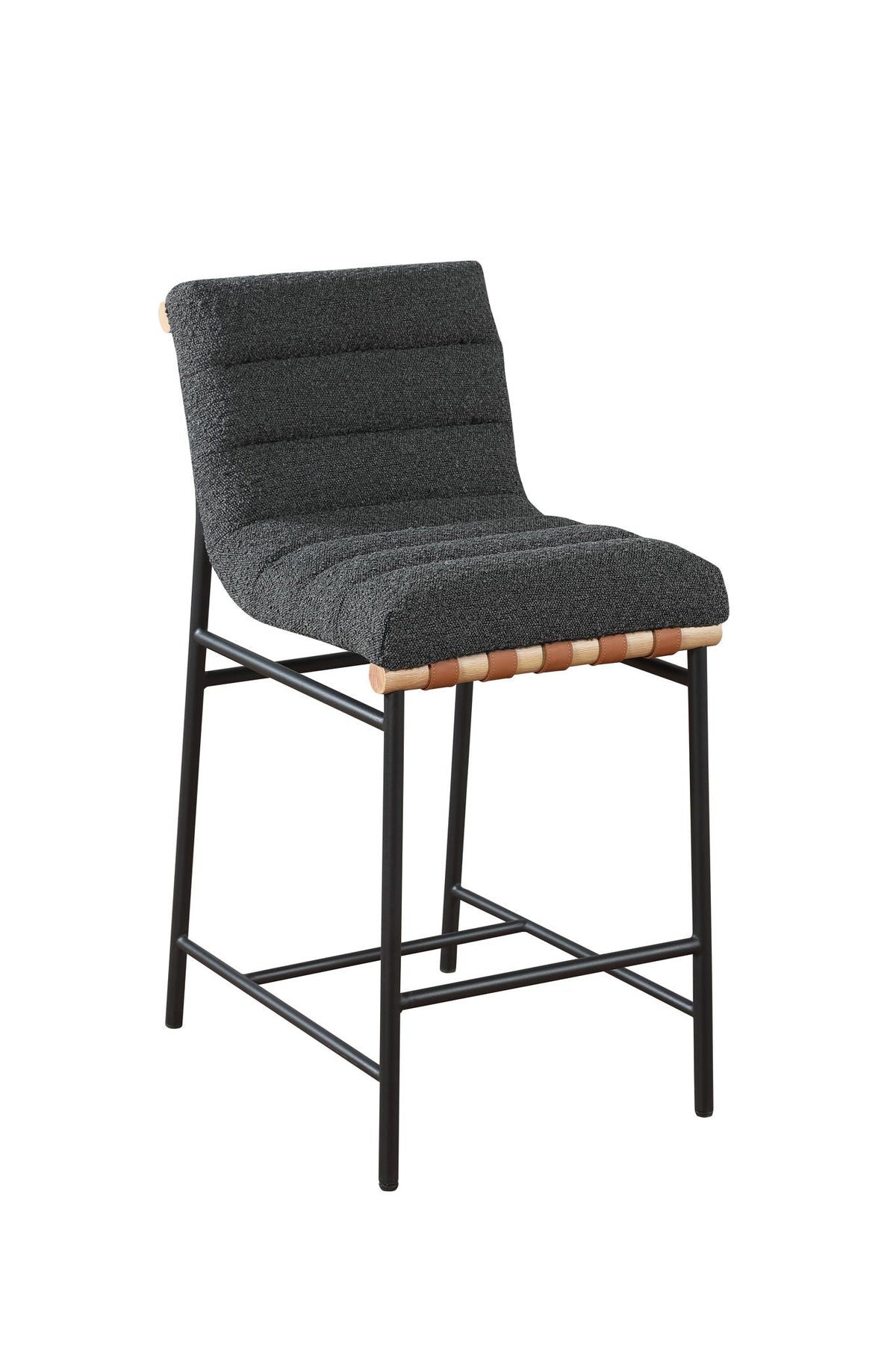 Lahni Boucle Counter Height Chair dark charcoal boucle with black metal legs and leather rail on Tampa Home & Garden Store
